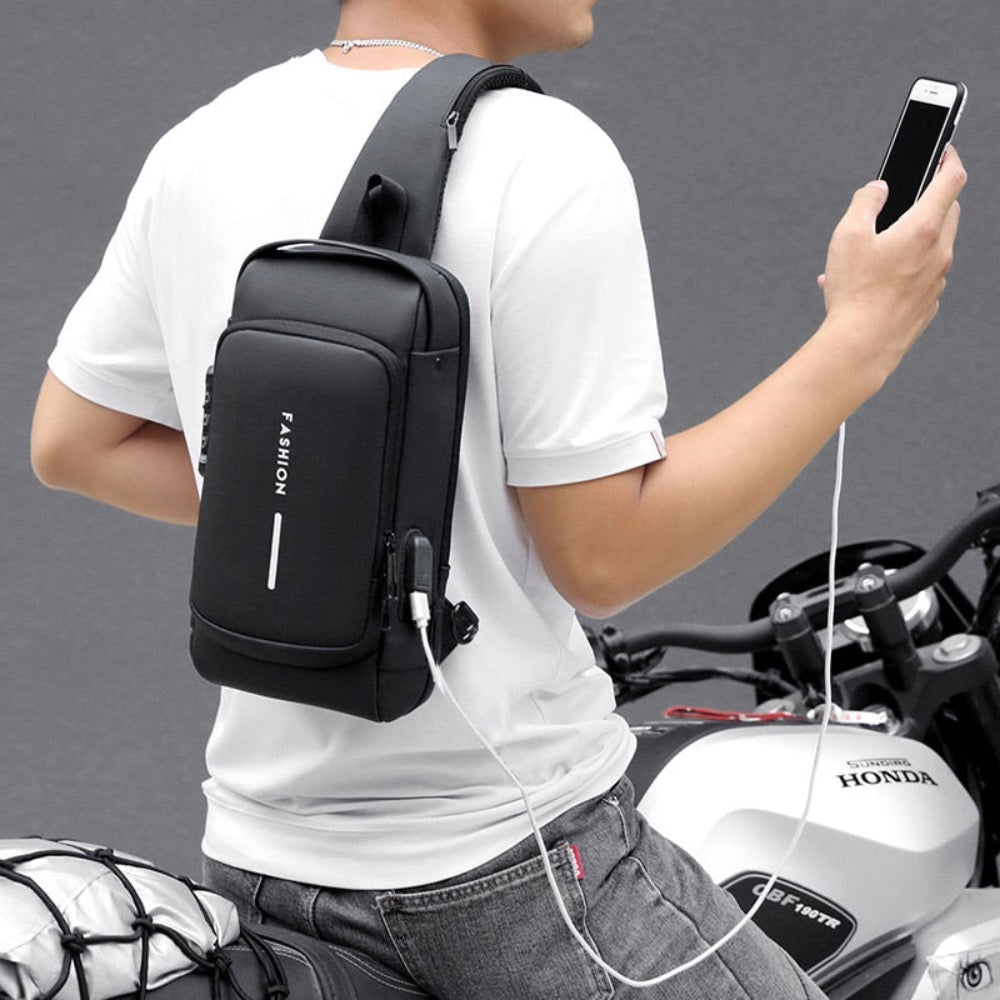 "Secure Style: Cross Body Anti-Theft Shoulder Bag with Lock, Reflective Strip, and USB Charging Slot"