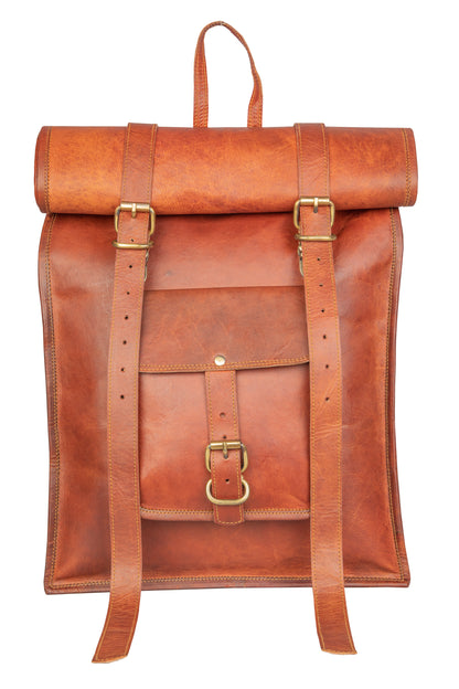 Genuine Leather Retro Rucksack Rolling-Top Backpack Bag