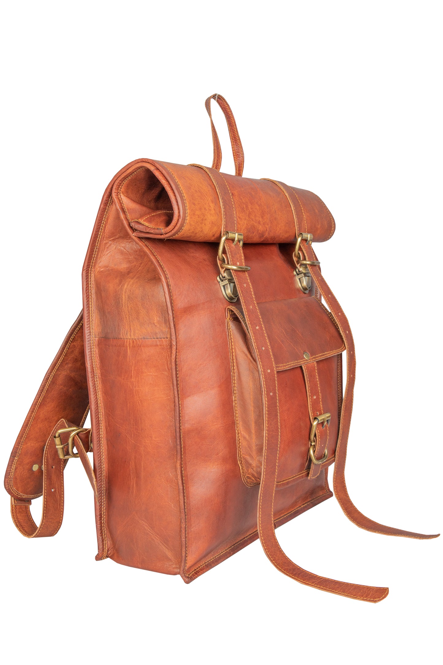 Genuine Leather Retro Rucksack Rolling-Top Backpack Bag