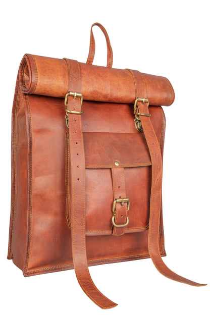 Genuine Leather Retro Rucksack Rolling-Top Backpack Bag