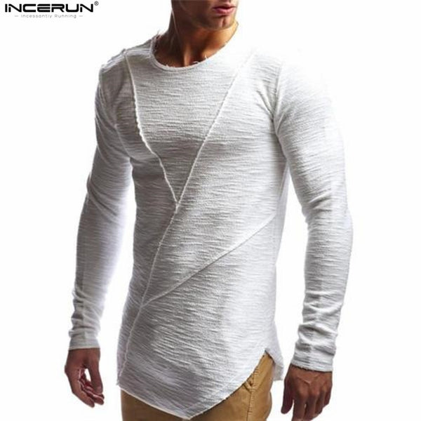 New Mens Hip Hop T Shirt Full Long Sleeve T-Shirt Men Solid Color O-neck Muscle Tees Shirt Fashion Curve Hem Men Streetwear Tops