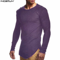 New Mens Hip Hop T Shirt Full Long Sleeve T-Shirt Men Solid Color O-neck Muscle Tees Shirt Fashion Curve Hem Men Streetwear Tops