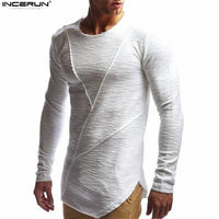 New Mens Hip Hop T Shirt Full Long Sleeve T-Shirt Men Solid Color O-neck Muscle Tees Shirt Fashion Curve Hem Men Streetwear Tops